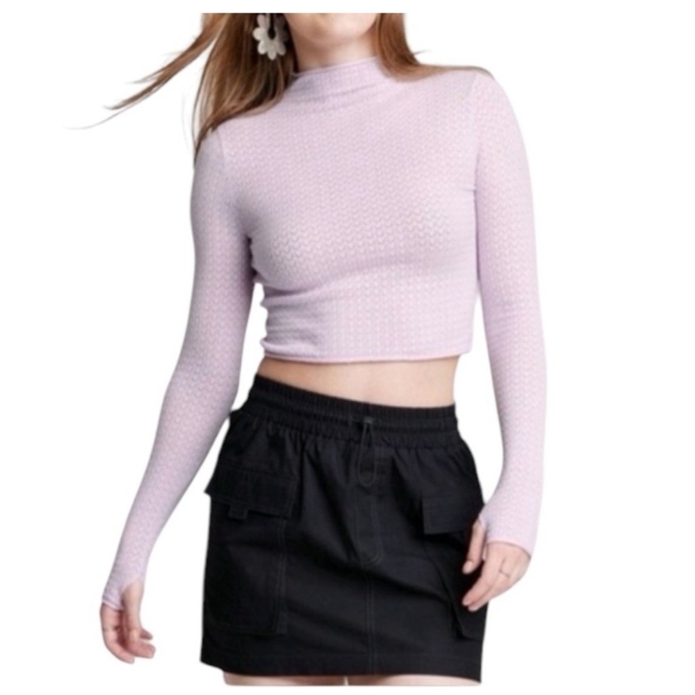 Wild Fable Sweater Top Lavender Pointelle Knit Mock Neck Cropped Long Sleeve M